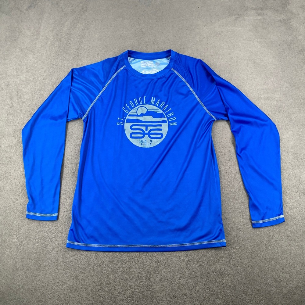Leslie Jordan St George Marathon Blue Long Sleeve Running Shirt Mens Medium 26.2